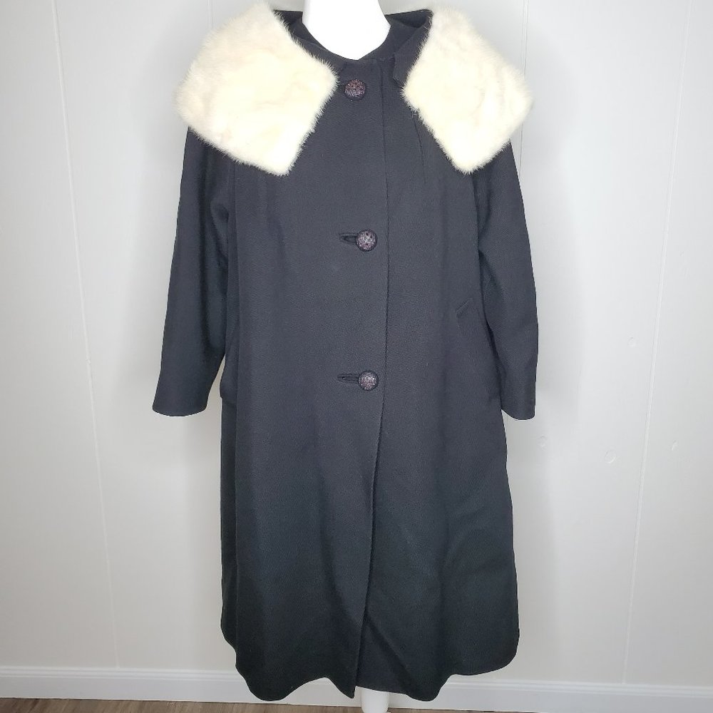 Vintage Lepshire Black W/White Fur Collar 60's Swing Union Made Coat Wm's Large